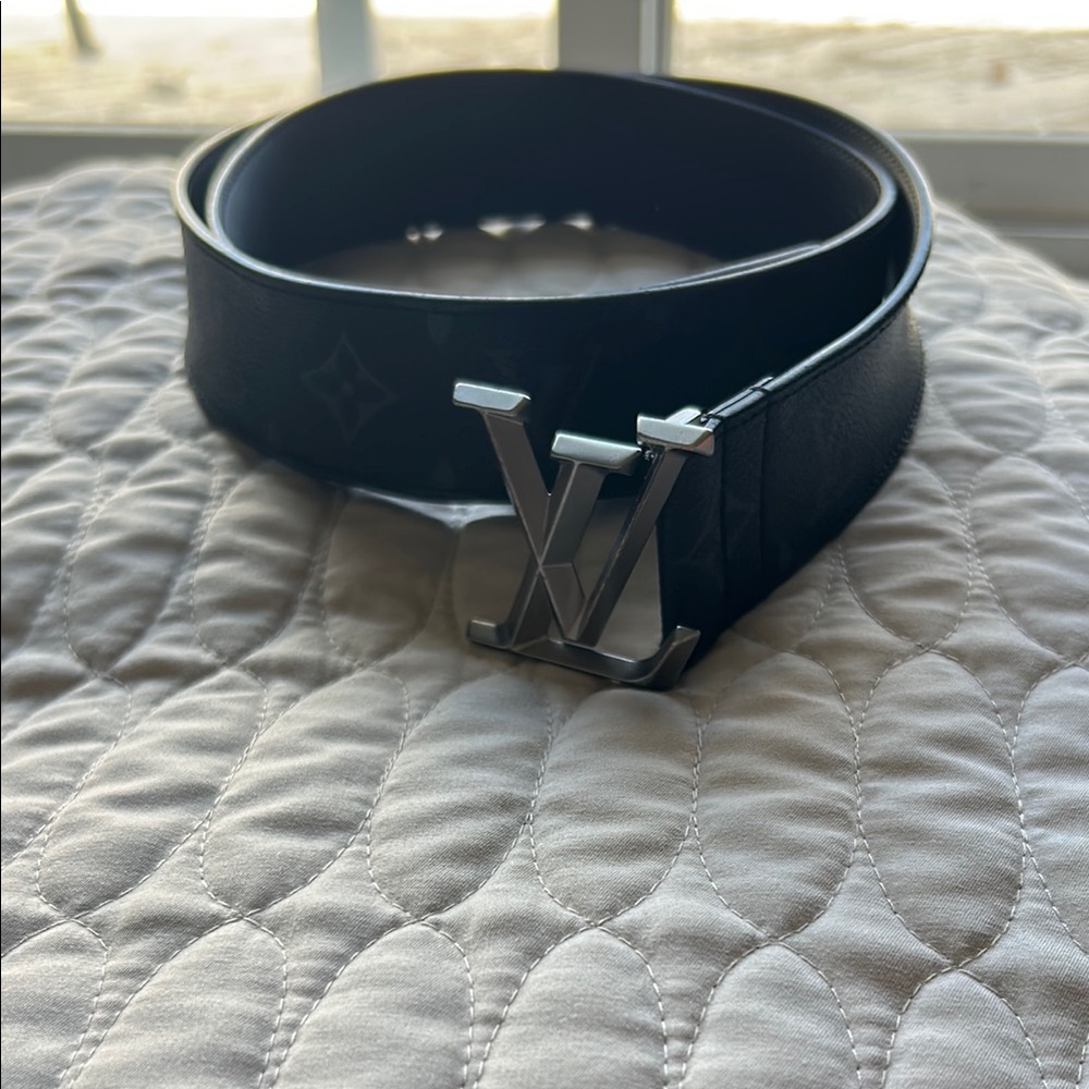 Louis Vuitton Black Leather Belt with Silver Buckle